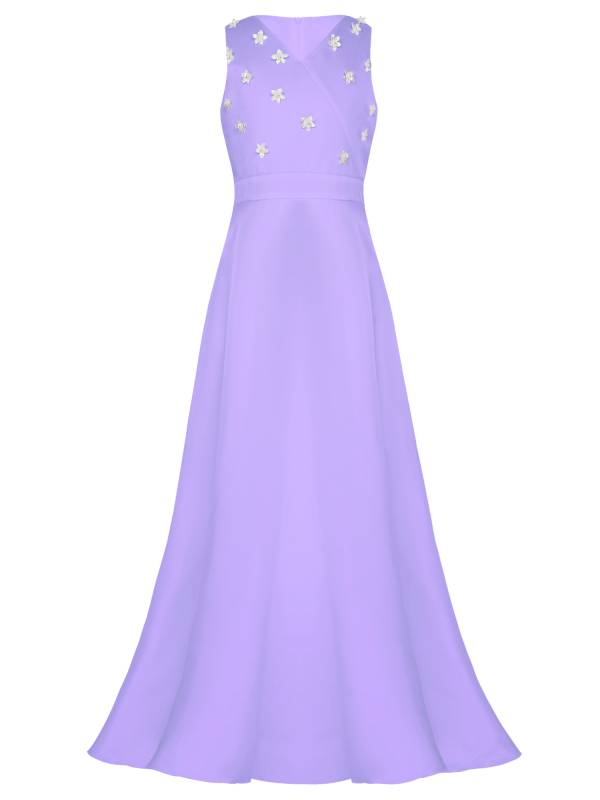 Girls V-neck Sleeveless Ankle Length Faux Pearls Flower Decorated Gown Dress thumb
