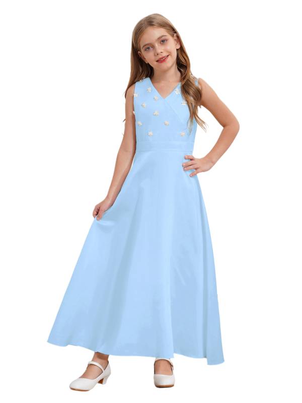 Girls V-neck Sleeveless Ankle Length Faux Pearls Flower Decorated Gown Dress thumb