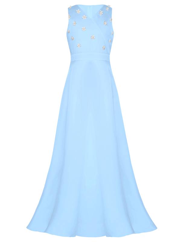Girls V-neck Sleeveless Ankle Length Faux Pearls Flower Decorated Gown Dress thumb