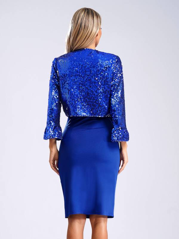Women 2pcs Ruched Bodycon Dress and Long Sleeve Sequins Jacket Set for Cocktail thumb