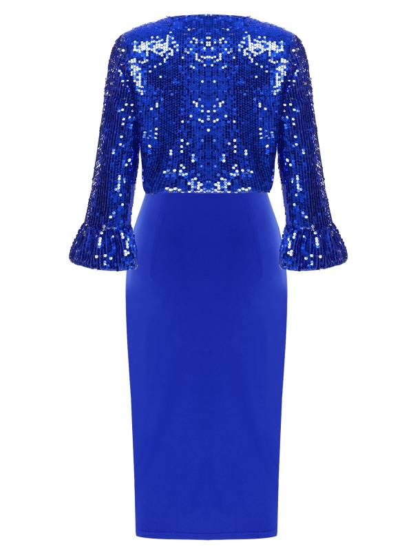 Women 2pcs Ruched Bodycon Dress and Long Sleeve Sequins Jacket Set for Cocktail thumb