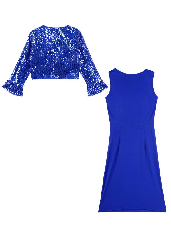 Women 2pcs Ruched Bodycon Dress and Long Sleeve Sequins Jacket Set for Cocktail thumb