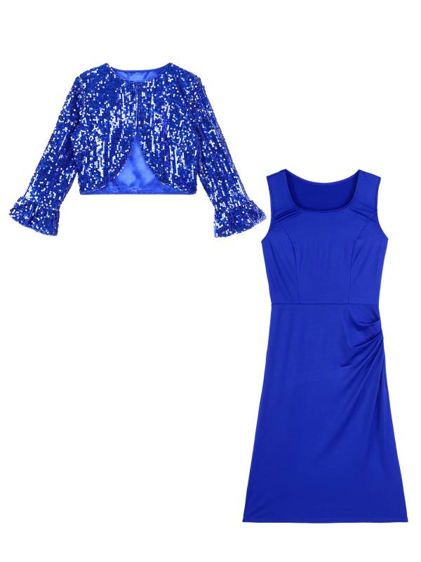 Women 2pcs Ruched Bodycon Dress and Long Sleeve Sequins Jacket Set for Cocktail thumb