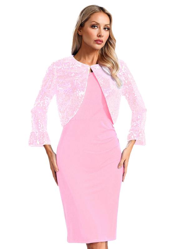 Women 2pcs Ruched Bodycon Dress and Long Sleeve Sequins Jacket Set for Cocktail thumb