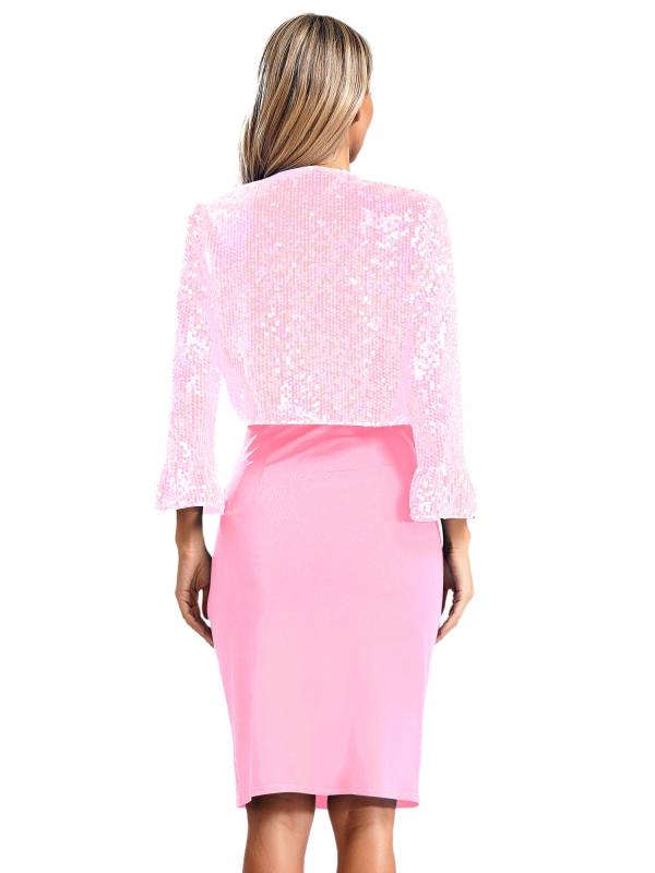Women 2pcs Ruched Bodycon Dress and Long Sleeve Sequins Jacket Set for Cocktail thumb