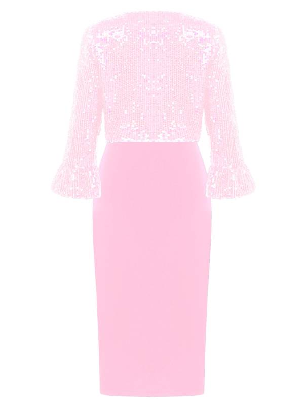Women 2pcs Ruched Bodycon Dress and Long Sleeve Sequins Jacket Set for Cocktail thumb