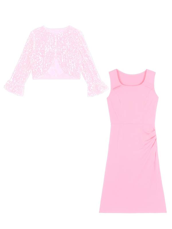 Women 2pcs Ruched Bodycon Dress and Long Sleeve Sequins Jacket Set for Cocktail thumb