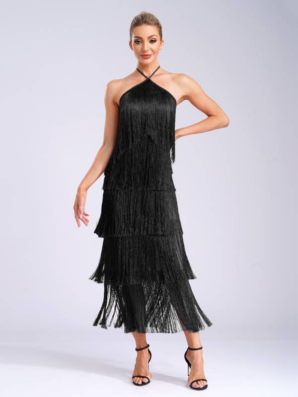 Women Halter Neck Strap Backless Tassels Midi Dress for Cocktail thumb