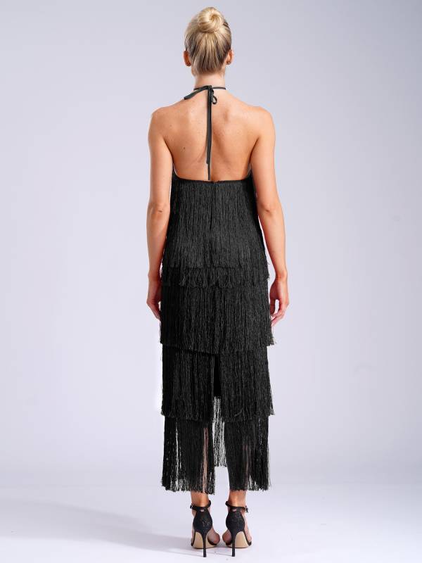 Women Halter Neck Strap Backless Tassels Midi Dress for Cocktail thumb