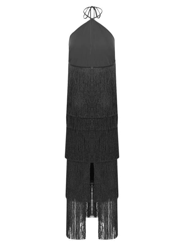Women Halter Neck Strap Backless Tassels Midi Dress for Cocktail thumb