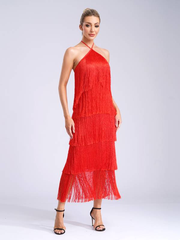 Women Halter Neck Strap Backless Tassels Midi Dress for Cocktail thumb