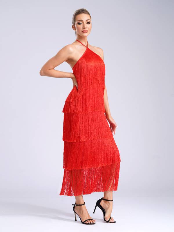 Women Halter Neck Strap Backless Tassels Midi Dress for Cocktail thumb
