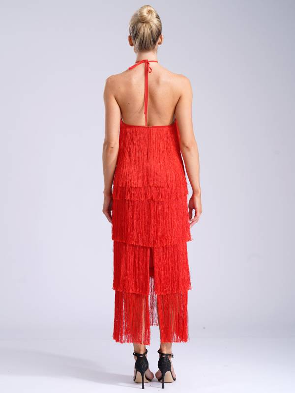 Women Halter Neck Strap Backless Tassels Midi Dress for Cocktail thumb