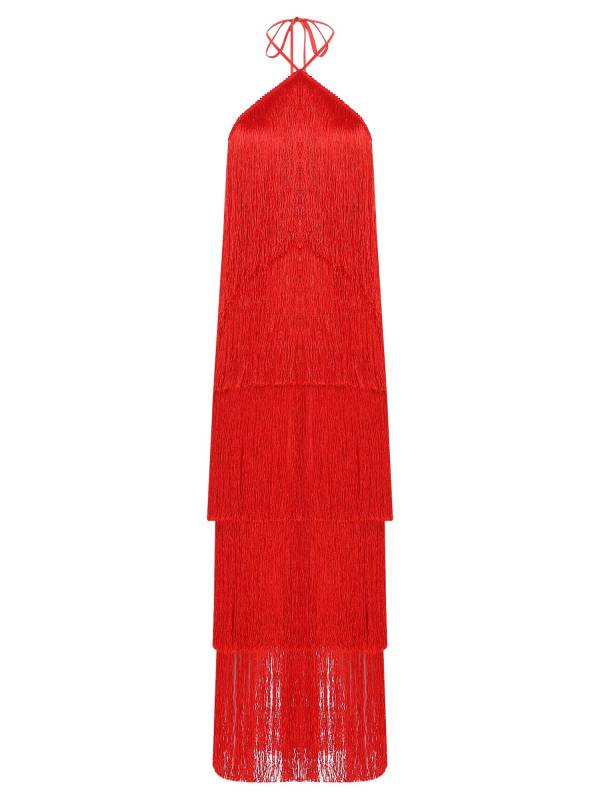 Women Halter Neck Strap Backless Tassels Midi Dress for Cocktail thumb