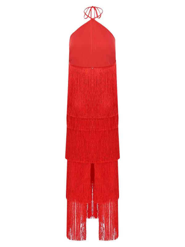 Women Halter Neck Strap Backless Tassels Midi Dress for Cocktail thumb