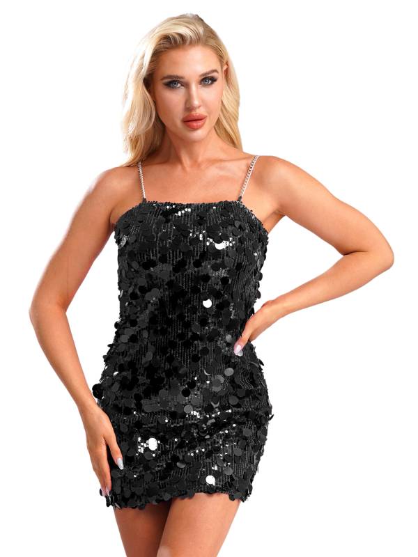 Women Sleeveless Sequins Metal Chain Straps Bodycon Mini Dress for Party thumb