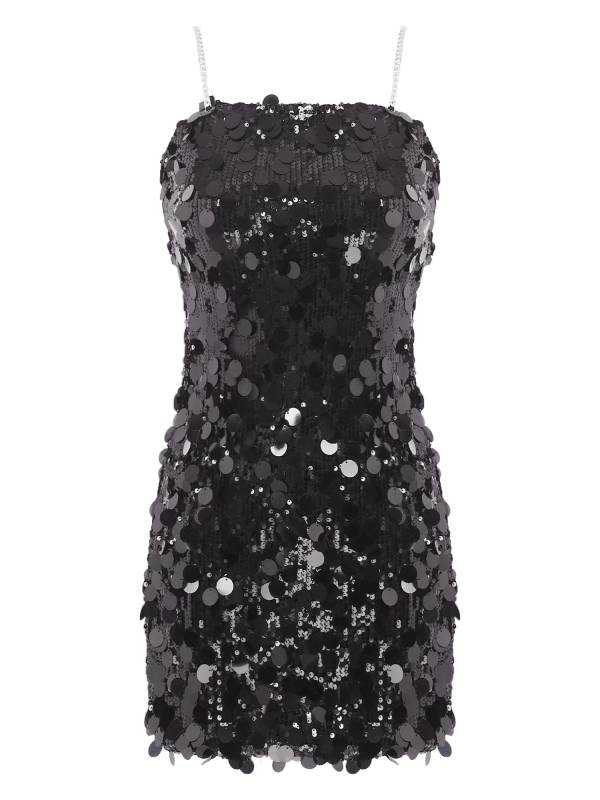 Women Sleeveless Sequins Metal Chain Straps Bodycon Mini Dress for Party thumb