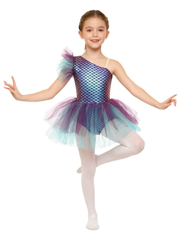 Girls Halloween Mermaid Ballet Costume One Shoulder Sleeveless Tutu Dress thumb