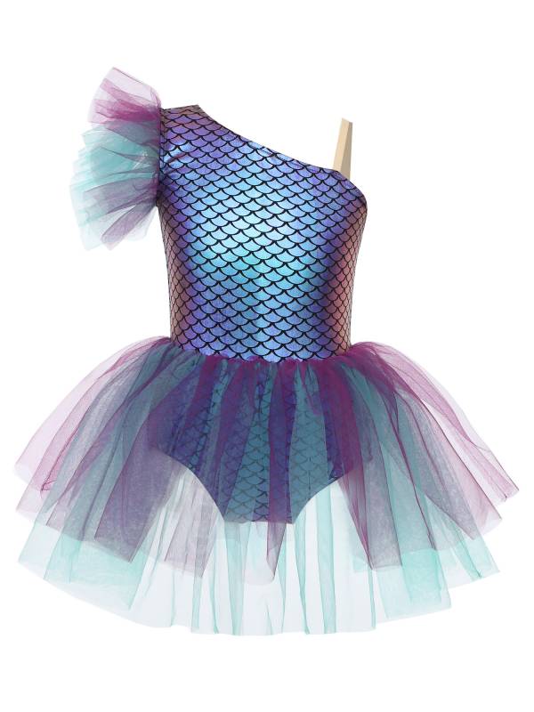 Girls Halloween Mermaid Ballet Costume One Shoulder Sleeveless Tutu Dress thumb