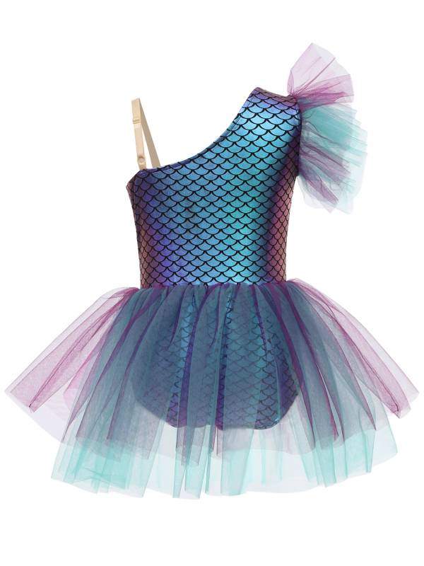 Girls Halloween Mermaid Ballet Costume One Shoulder Sleeveless Tutu Dress thumb
