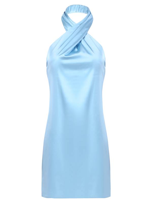Women Sleeveless Backless Halterneck Satin Mini Dress thumb