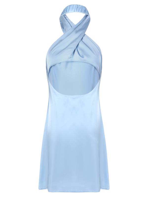Women Sleeveless Backless Halterneck Satin Mini Dress thumb
