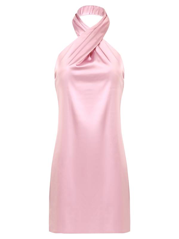 Women Sleeveless Backless Halterneck Satin Mini Dress thumb