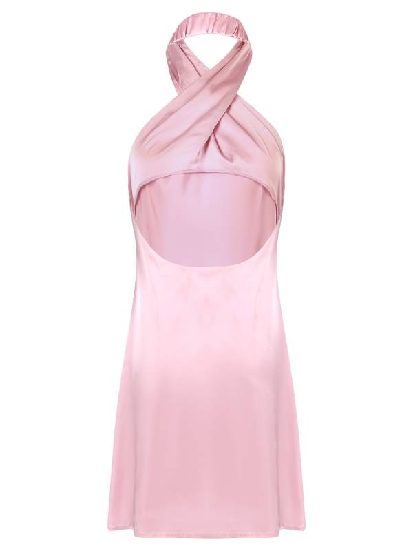 Women Sleeveless Backless Halterneck Satin Mini Dress thumb