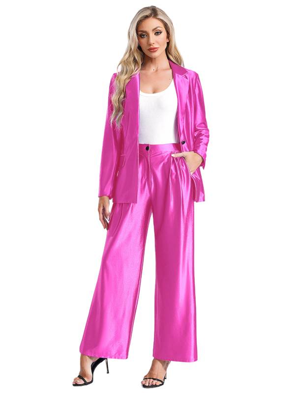 Women 2pcs All-matched Long Sleeve Lapel Blazer and Loose Pants Formal Suit thumb