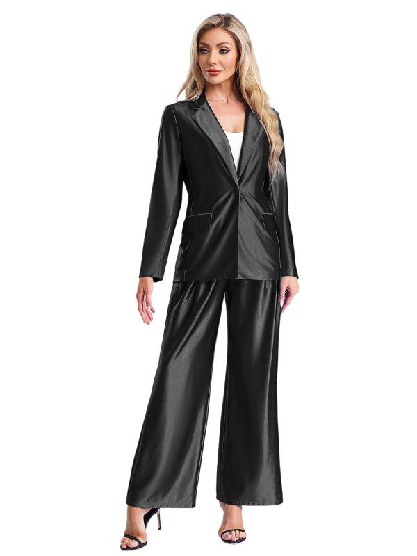 Women 2pcs All-matched Long Sleeve Lapel Blazer and Loose Pants Formal Suit thumb