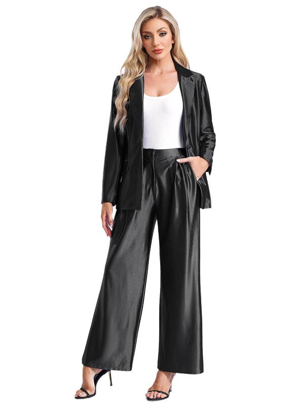 Women 2pcs All-matched Long Sleeve Lapel Blazer and Loose Pants Formal Suit thumb