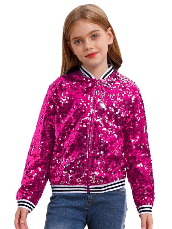 Kids Girls Sequin Baseball Jackets Coat Zip Up Outerwear thumb