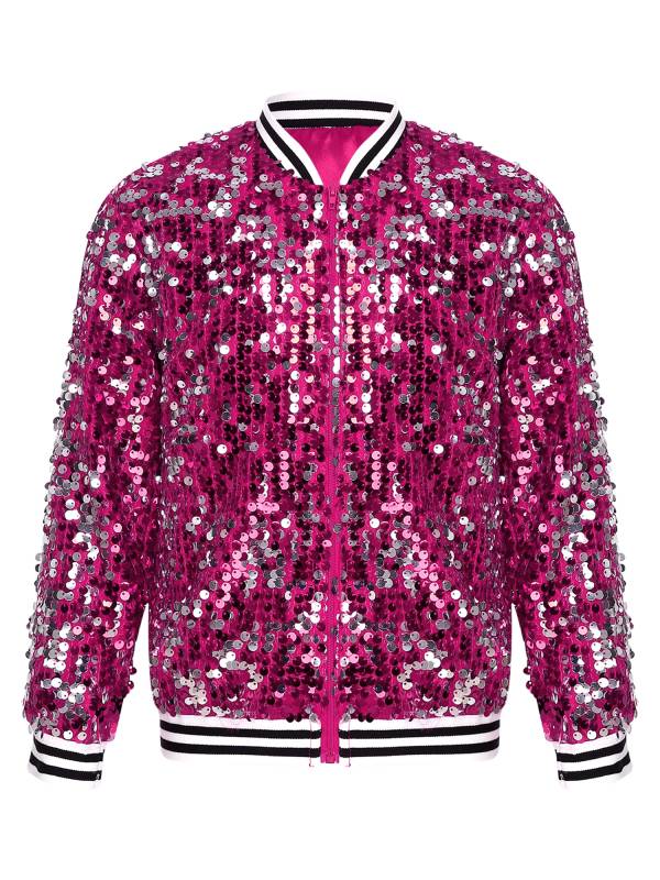 Kids Girls Sequin Baseball Jackets Coat Zip Up Outerwear thumb