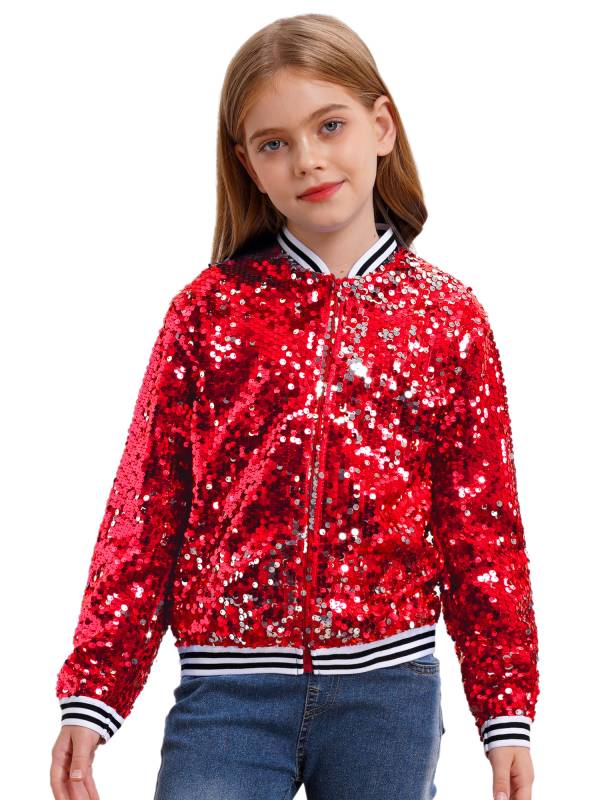 Kids Girls Sequin Baseball Jackets Coat Zip Up Outerwear thumb