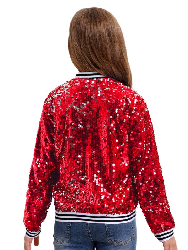 Kids Girls Sequin Baseball Jackets Coat Zip Up Outerwear thumb