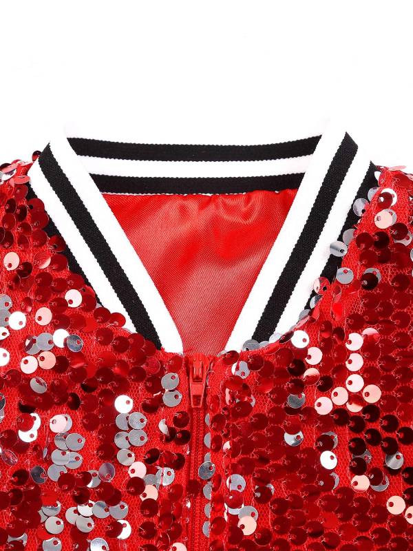 Kids Girls Sequin Baseball Jackets Coat Zip Up Outerwear thumb