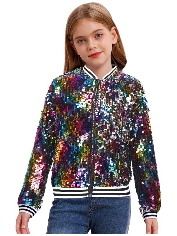 Kids Girls Sequin Baseball Jackets Coat Zip Up Outerwear thumb