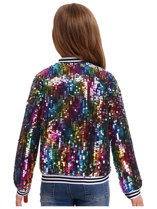 Kids Girls Sequin Baseball Jackets Coat Zip Up Outerwear thumb