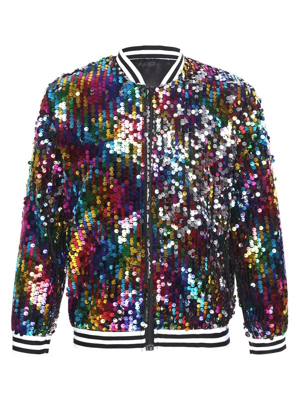 Kids Girls Sequin Baseball Jackets Coat Zip Up Outerwear thumb