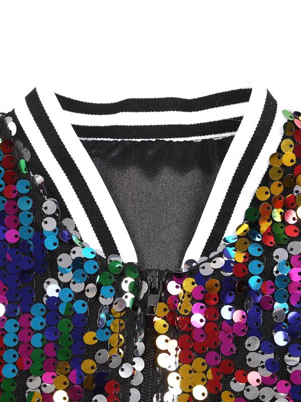 Kids Girls Sequin Baseball Jackets Coat Zip Up Outerwear thumb