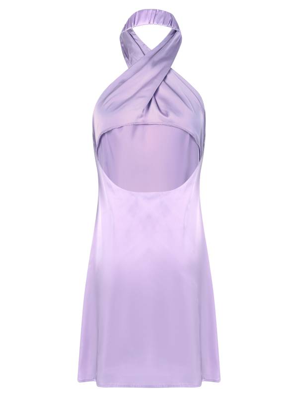 Women Sleeveless Backless Halterneck Satin Mini Dress thumb