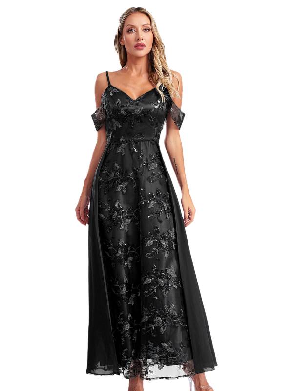 Women Cold Shoulder Mesh Sequin Embroidery Floral Bridesmaid Maxi Dress thumb