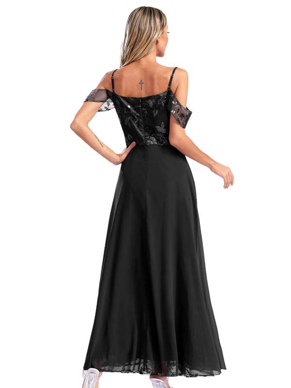 Women Cold Shoulder Mesh Sequin Embroidery Floral Bridesmaid Maxi Dress thumb