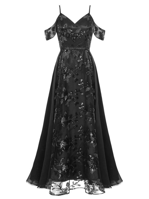 Women Cold Shoulder Mesh Sequin Embroidery Floral Bridesmaid Maxi Dress thumb