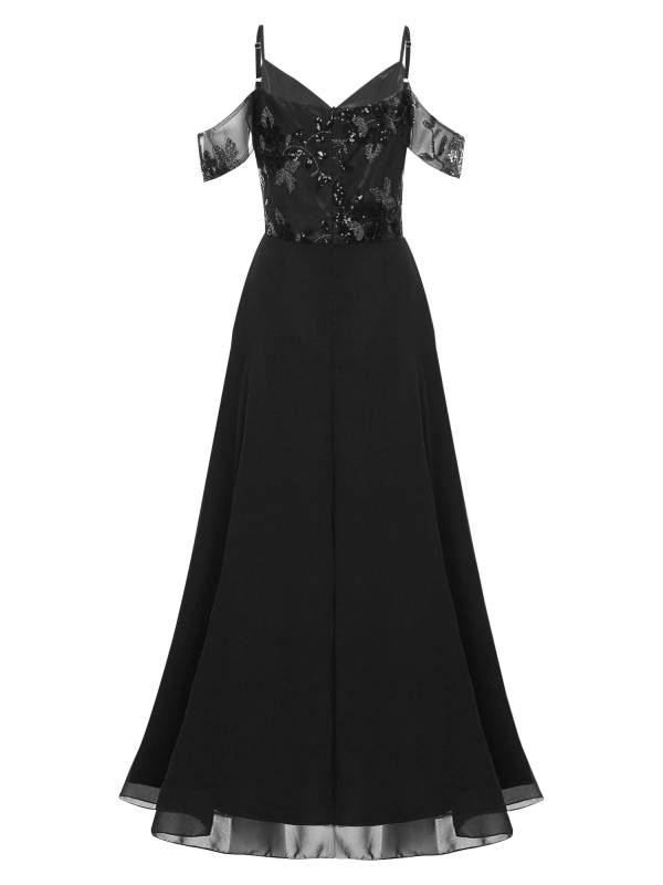 Women Cold Shoulder Mesh Sequin Embroidery Floral Bridesmaid Maxi Dress thumb