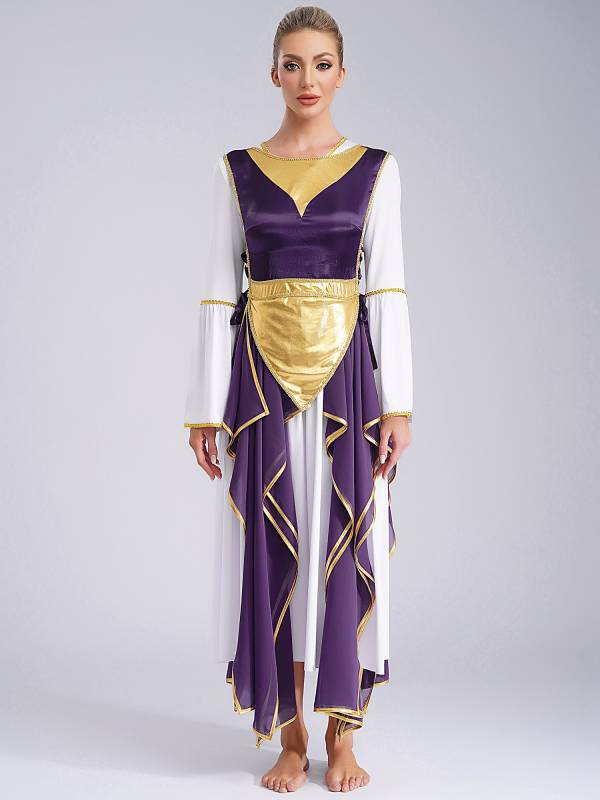 Women Metallic Sides Split Lace-up Tunic Asymmetrical Liturgical Dance Dress thumb