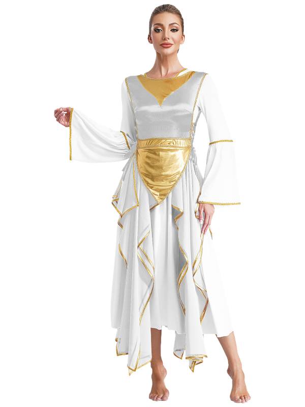 Women Metallic Sides Split Lace-up Tunic Asymmetrical Liturgical Dance Dress thumb