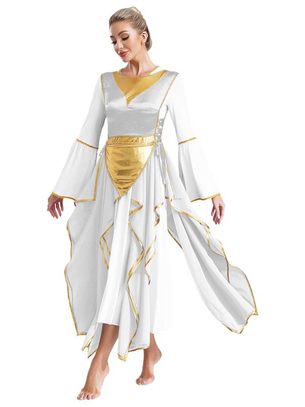 Women Metallic Sides Split Lace-up Tunic Asymmetrical Liturgical Dance Dress thumb
