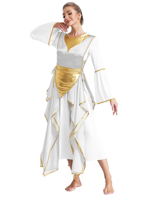 Women Metallic Sides Split Lace-up Tunic Asymmetrical Liturgical Dance Dress thumb