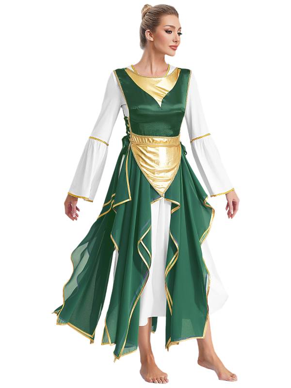 Women Metallic Sides Split Lace-up Tunic Asymmetrical Liturgical Dance Dress thumb